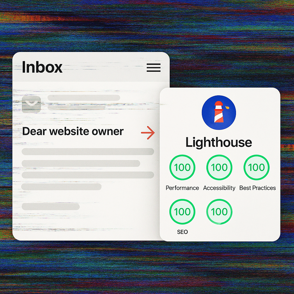Header concept — inbox full of spam emails glitching over a perfect Lighthouse 100% score
