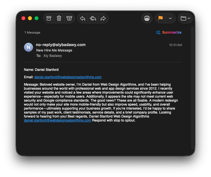 Screenshot of spam message from Daniel
